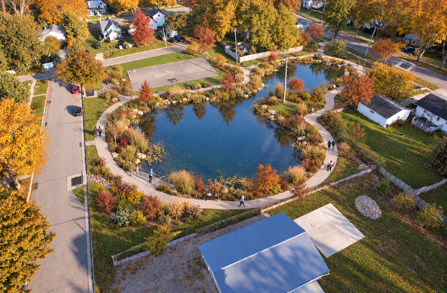 AI-assisted weber pond concept visualization: autumn variation with colorful trees around the pond