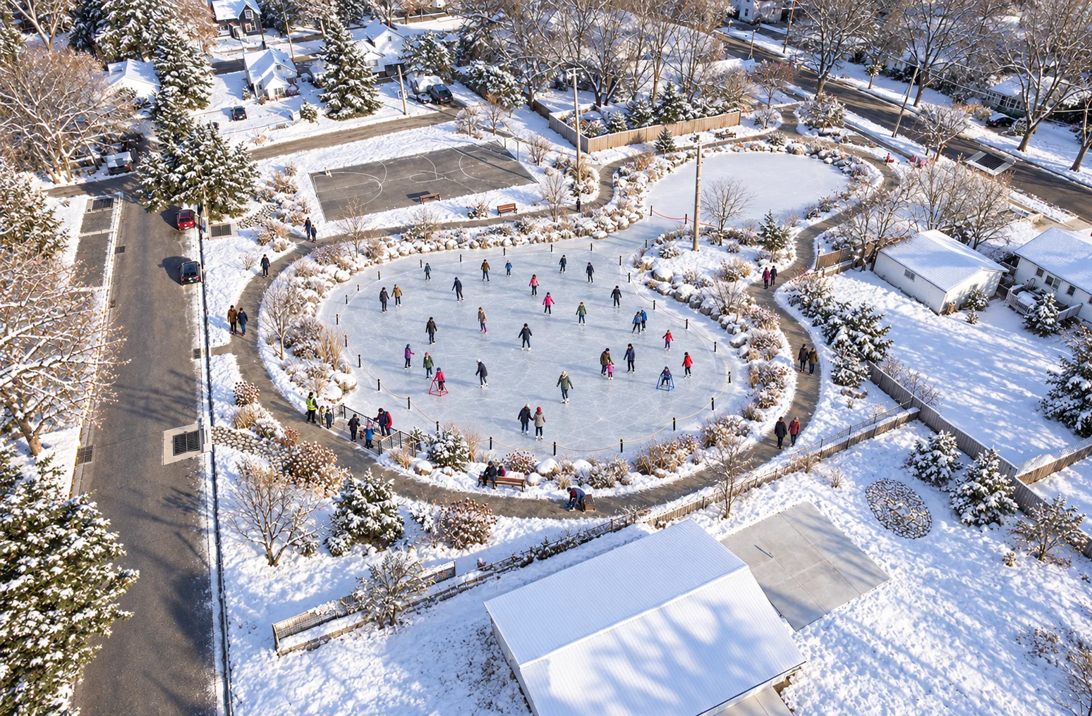 AI-assisted weber pond concept visualization: winter variation imagining a managed skating area on the pond
