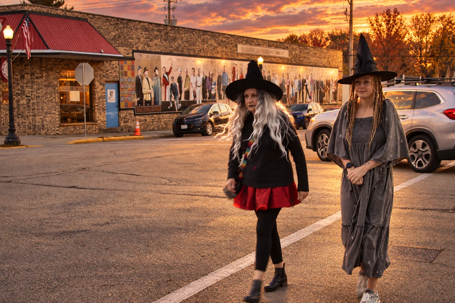 Two costumed visitors crossing a downtown street, one with a silver wig and one in a gray dress