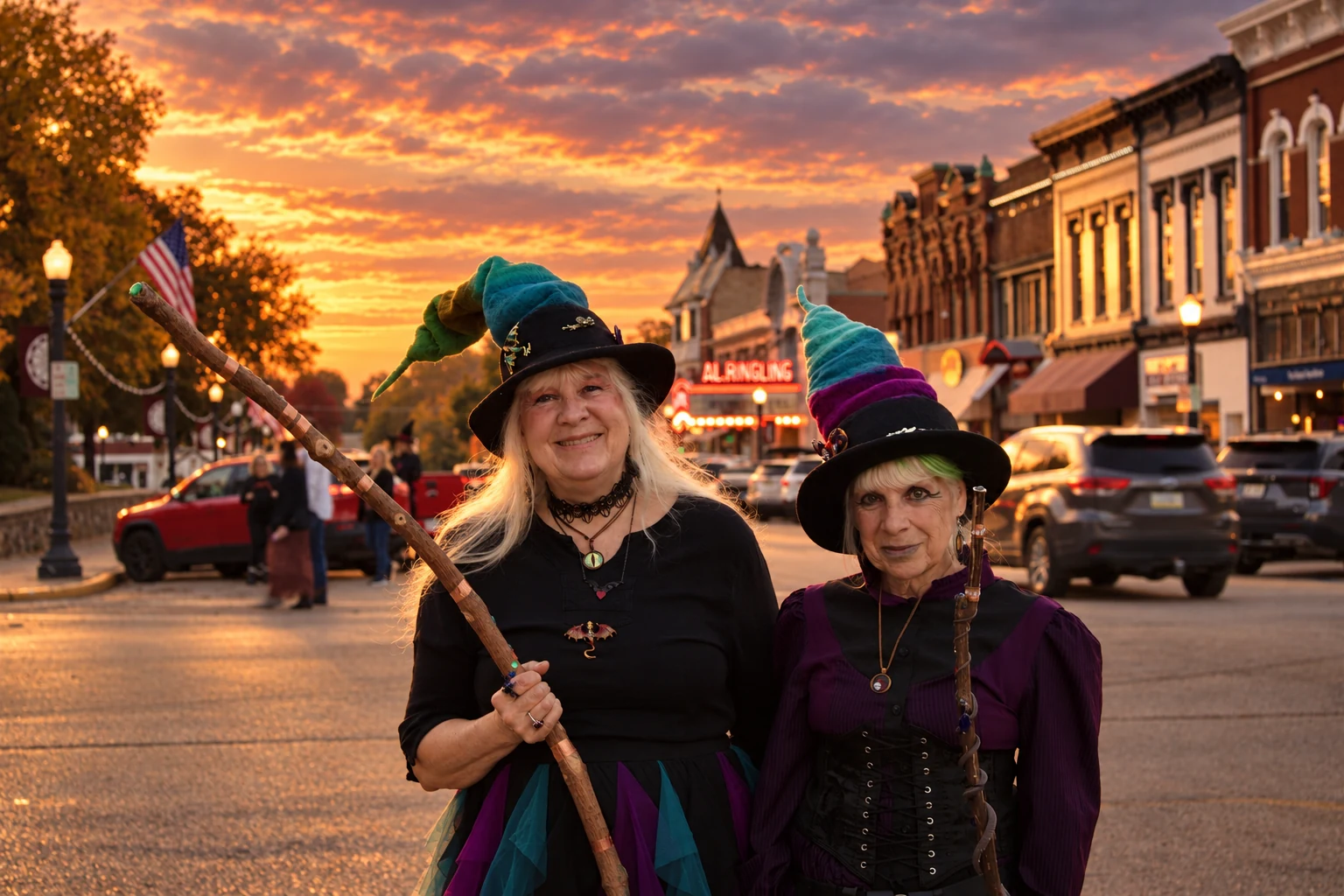 Two visitors wearing colorful felt hats and carrying wooden staffs