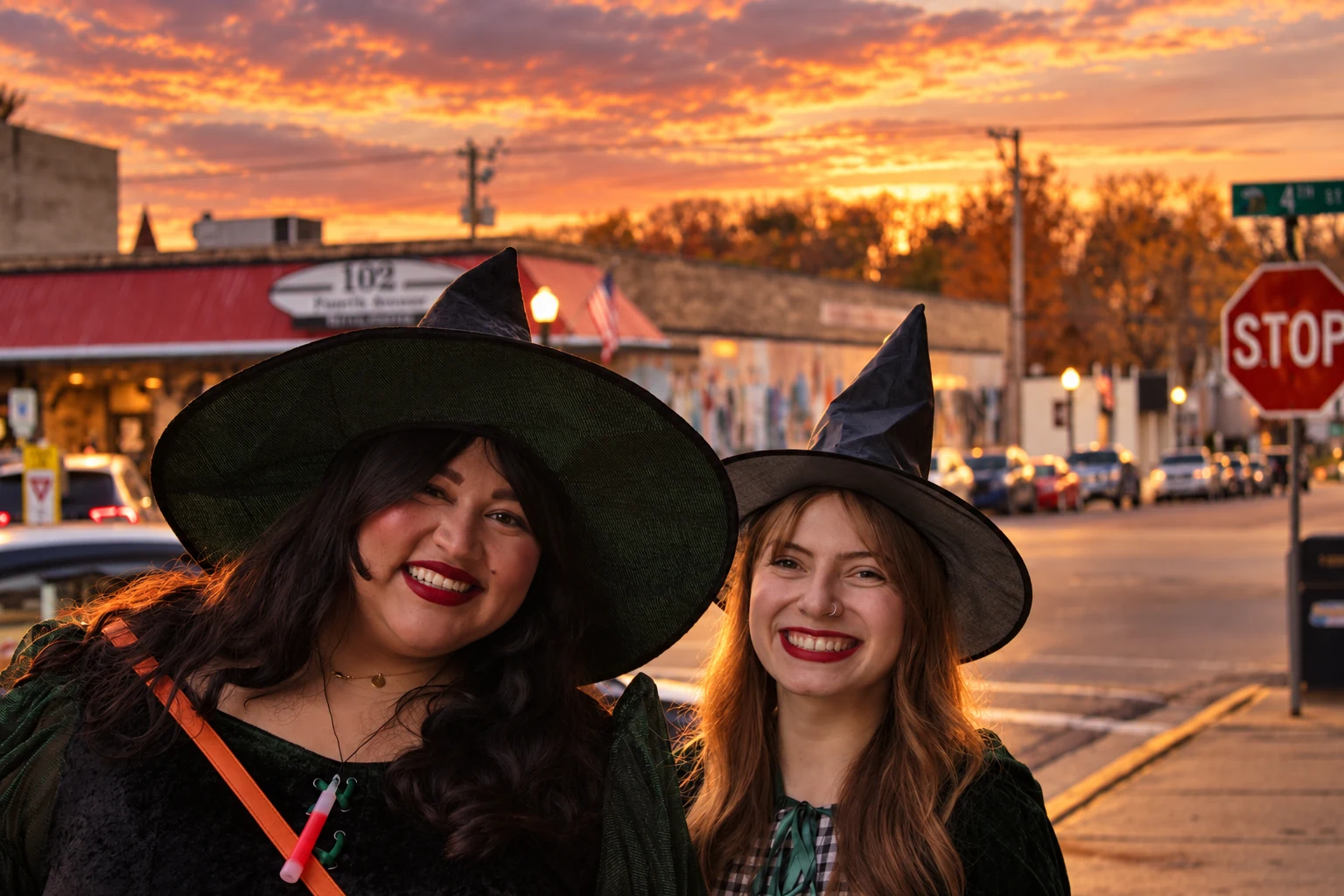Two smiling visitors in green costumes and wide black witch hats