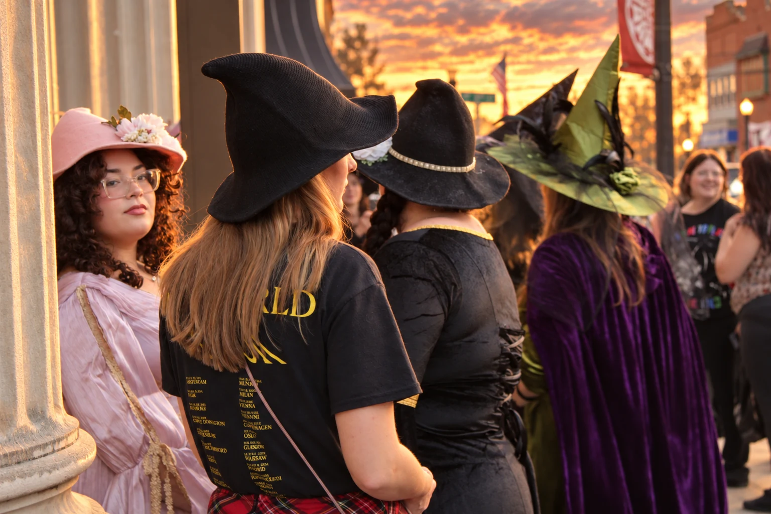 A gathering of visitors in witch hats and capes beside a stone storefront