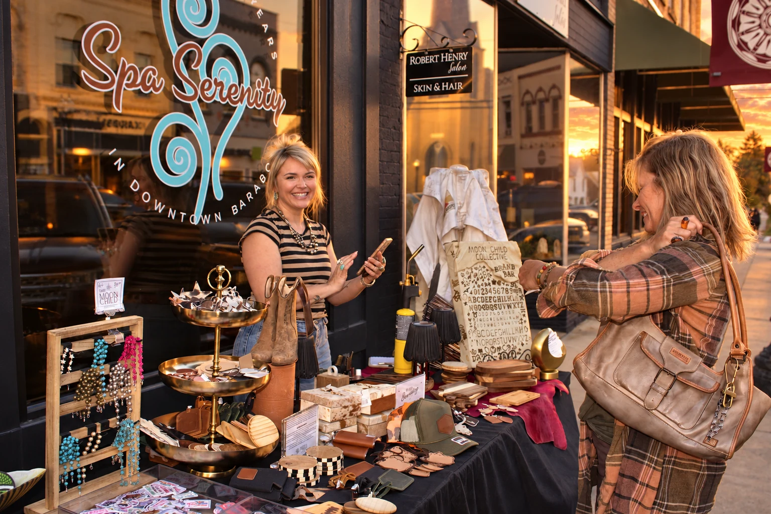 A smiling vendor talking with a shopper at a sidewalk display outside Spa Serenity