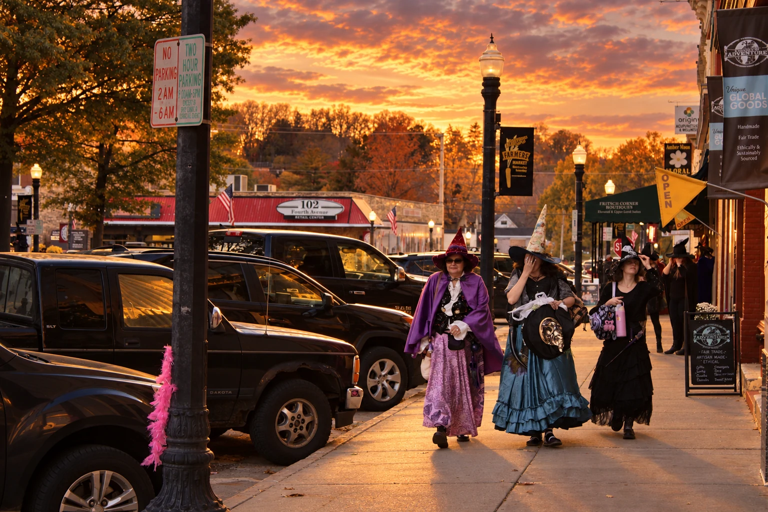 Three visitors in purple, blue, and black costumes walking along the sidewalk