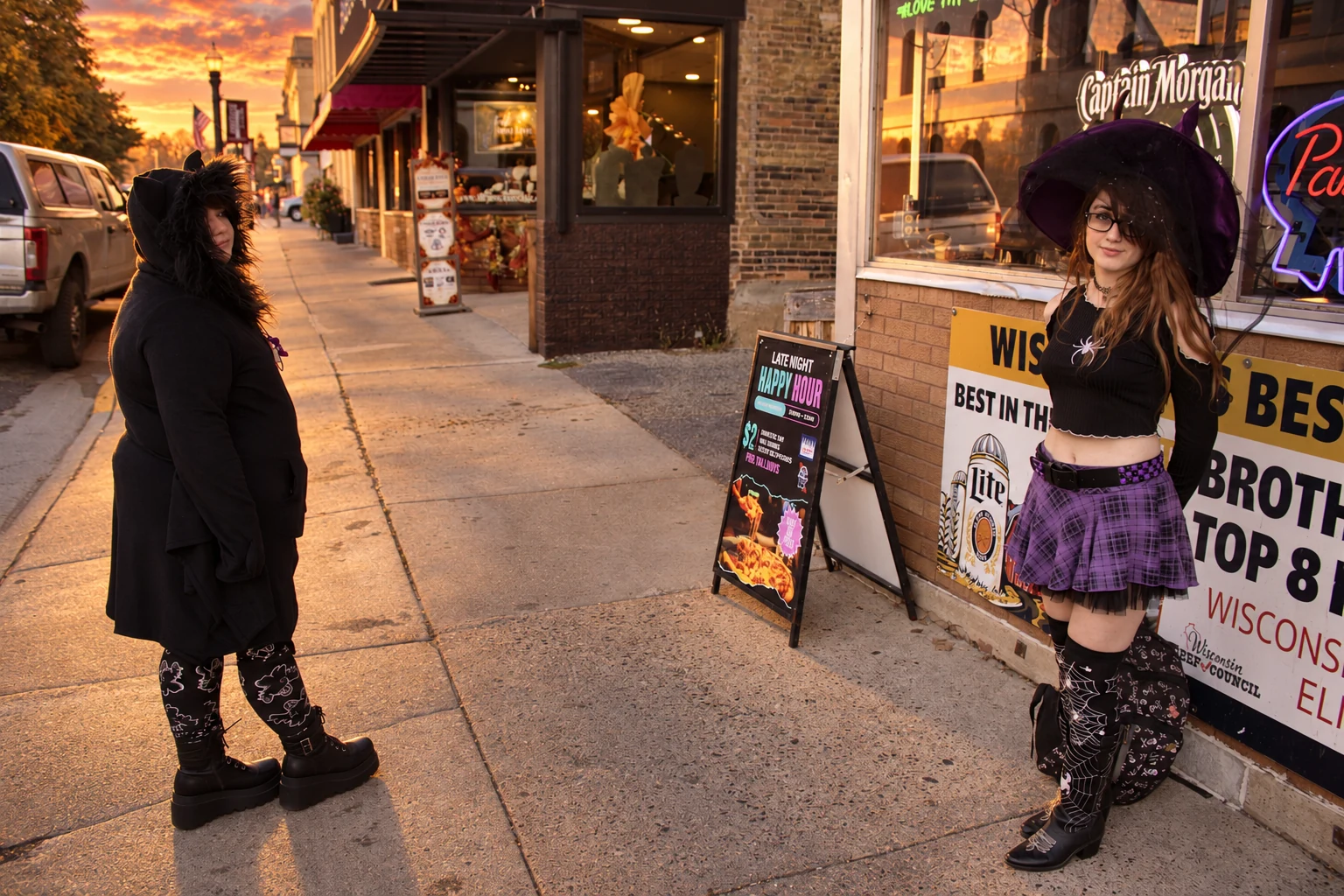 Two visitors in witch hats posing outside a downtown storefront