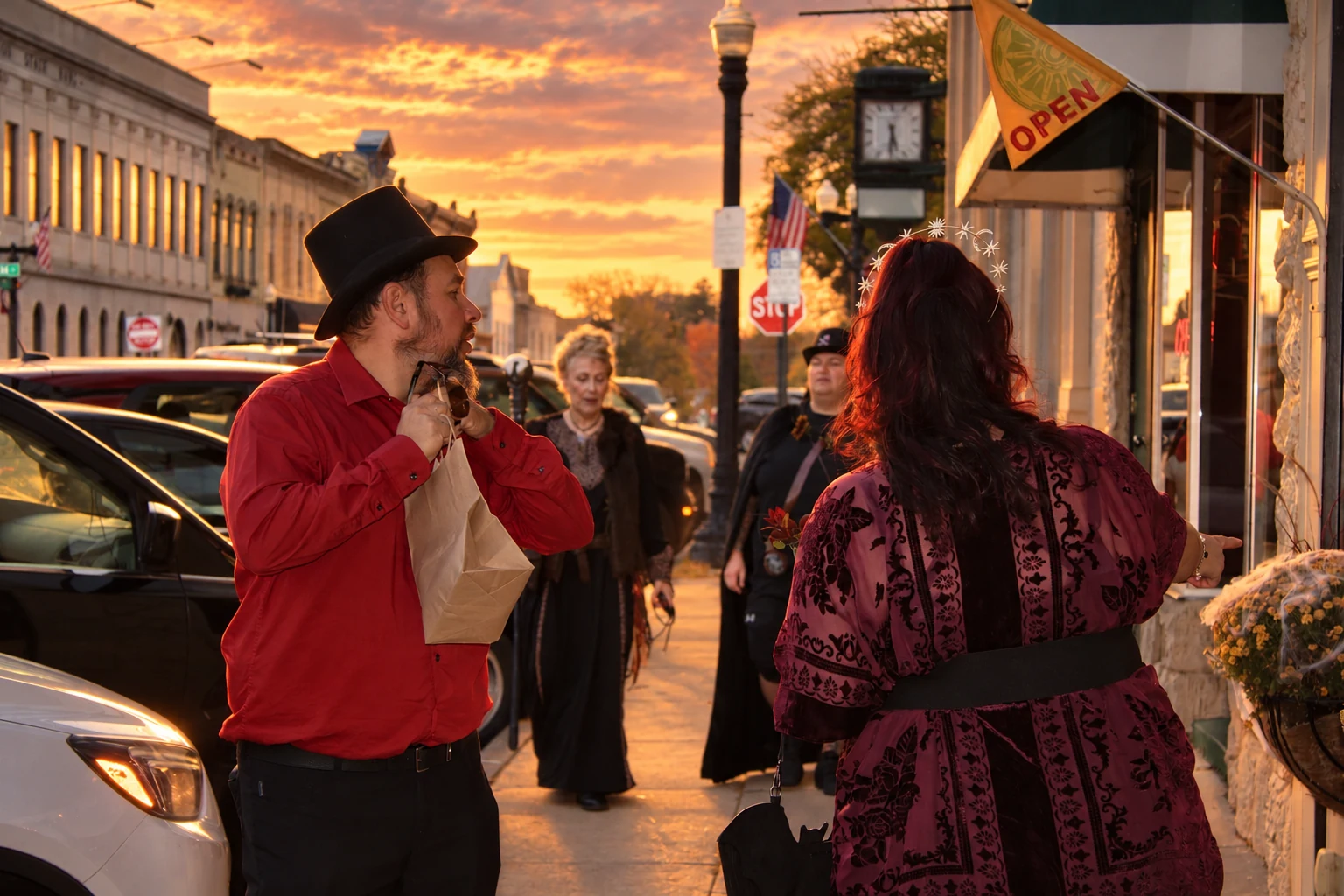 A visitor in a red shirt and top hat talking with a costumed companion on the sidewalk