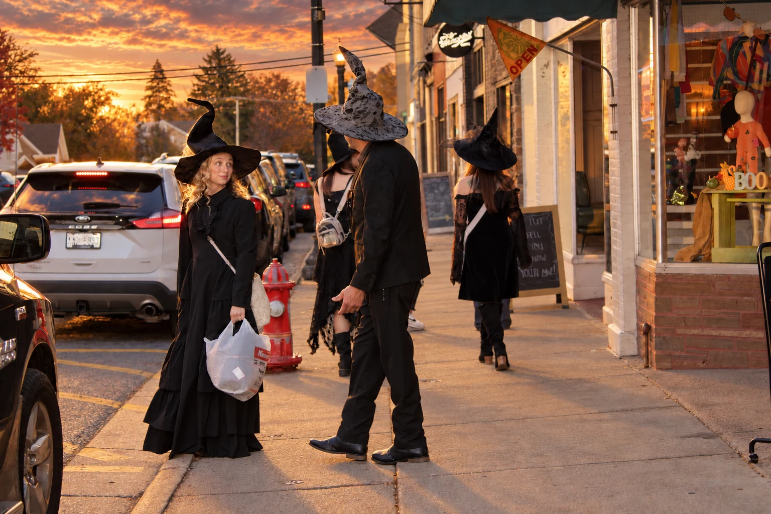Costumed visitors gathering on the sidewalk outside downtown shops