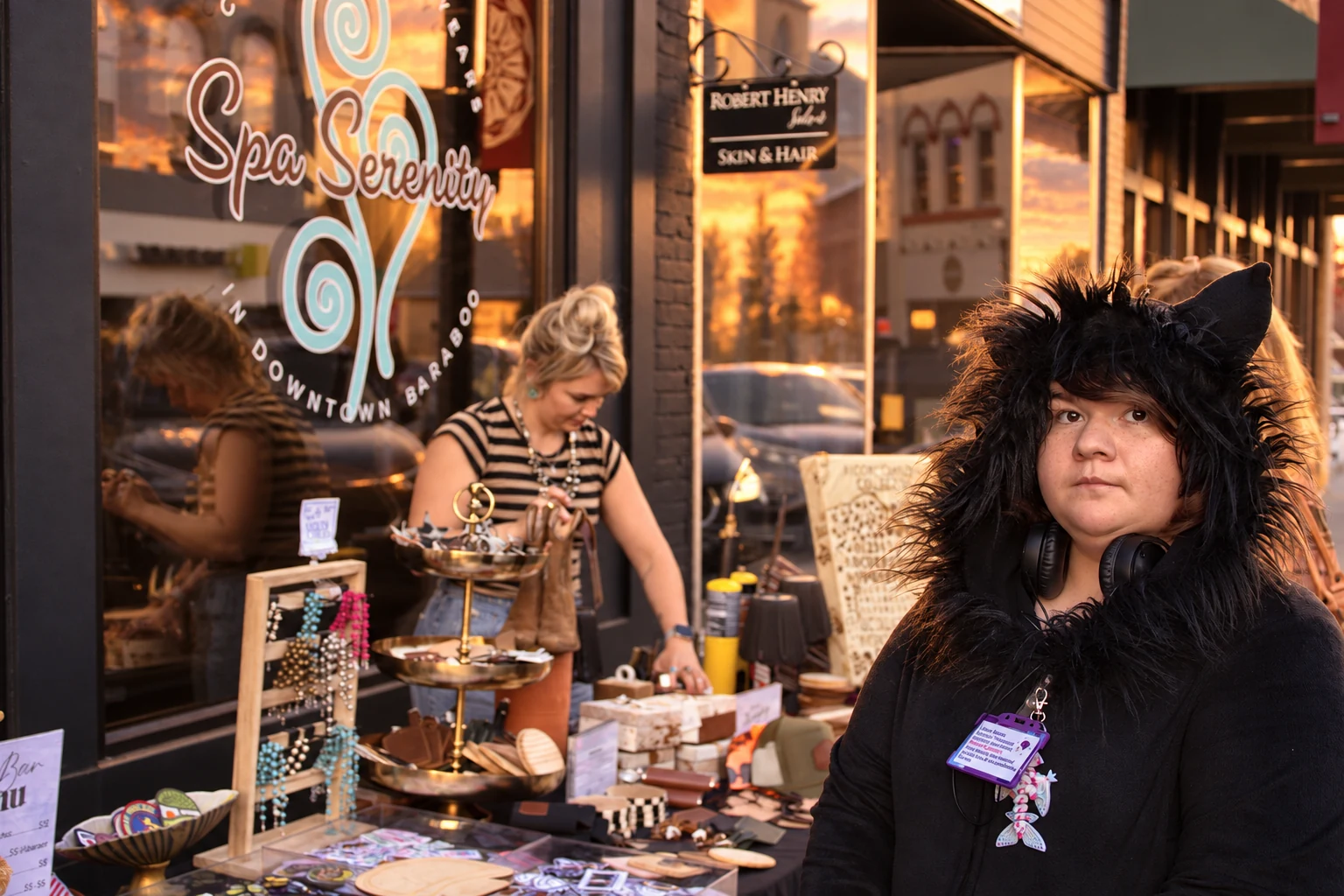 A visitor in a furry black hood beside a sidewalk display of jewelry and handmade goods