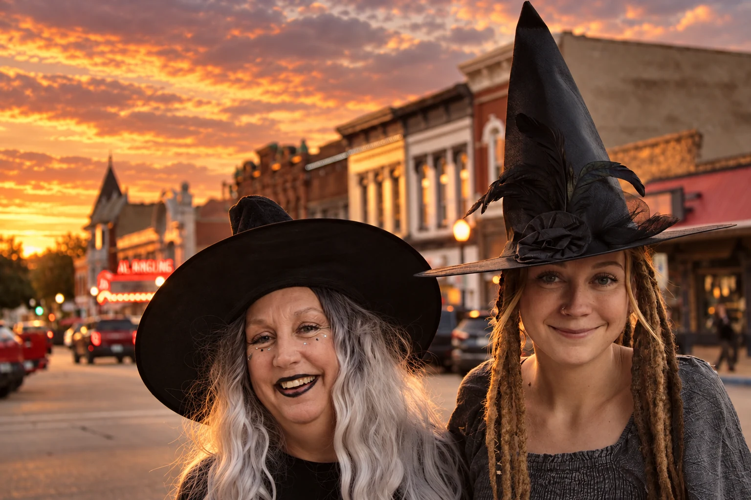 A close portrait of two smiling visitors, one with a silver wig and one wearing a tall black hat