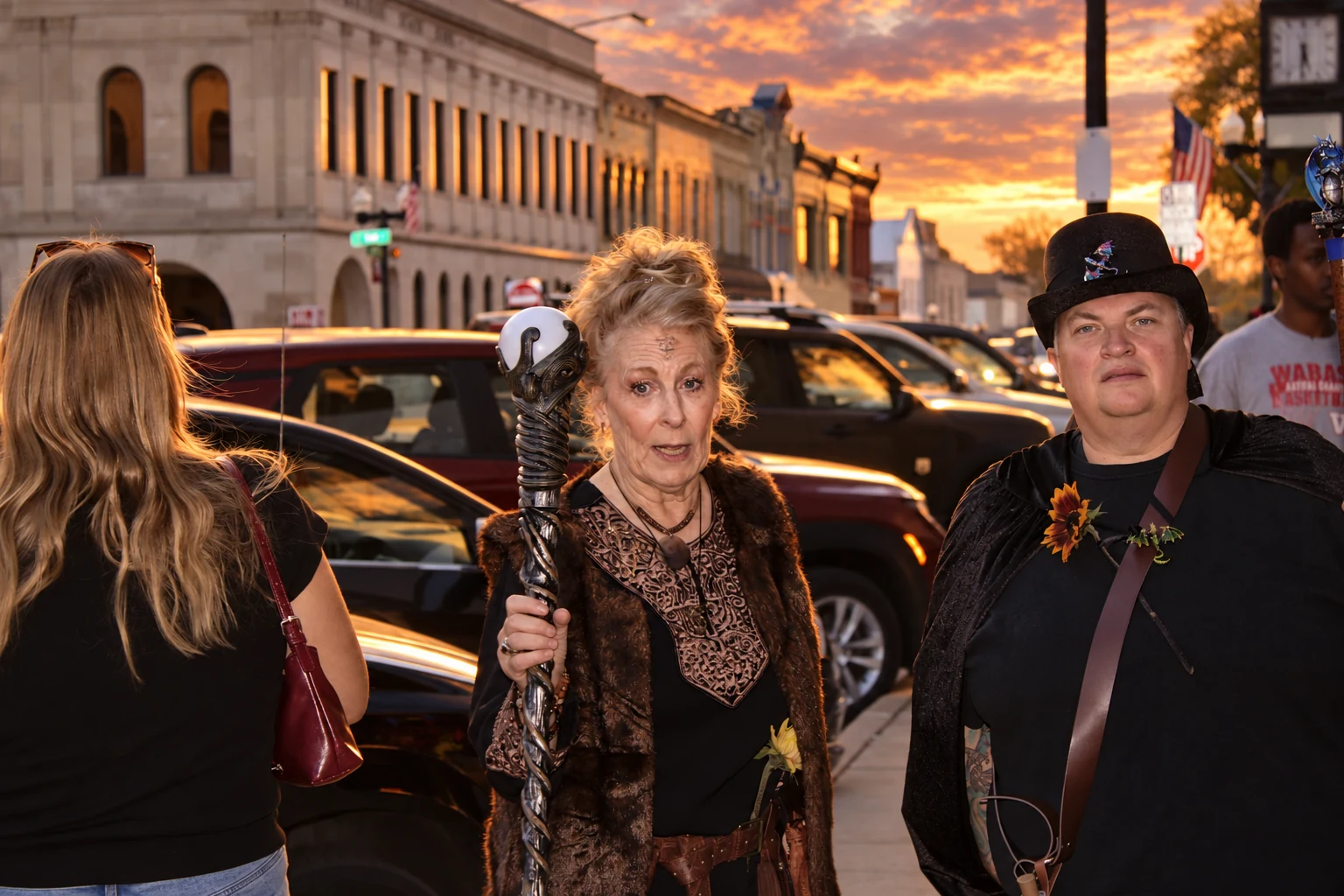 Two costumed visitors, one carrying a decorative staff and one wearing a black top hat