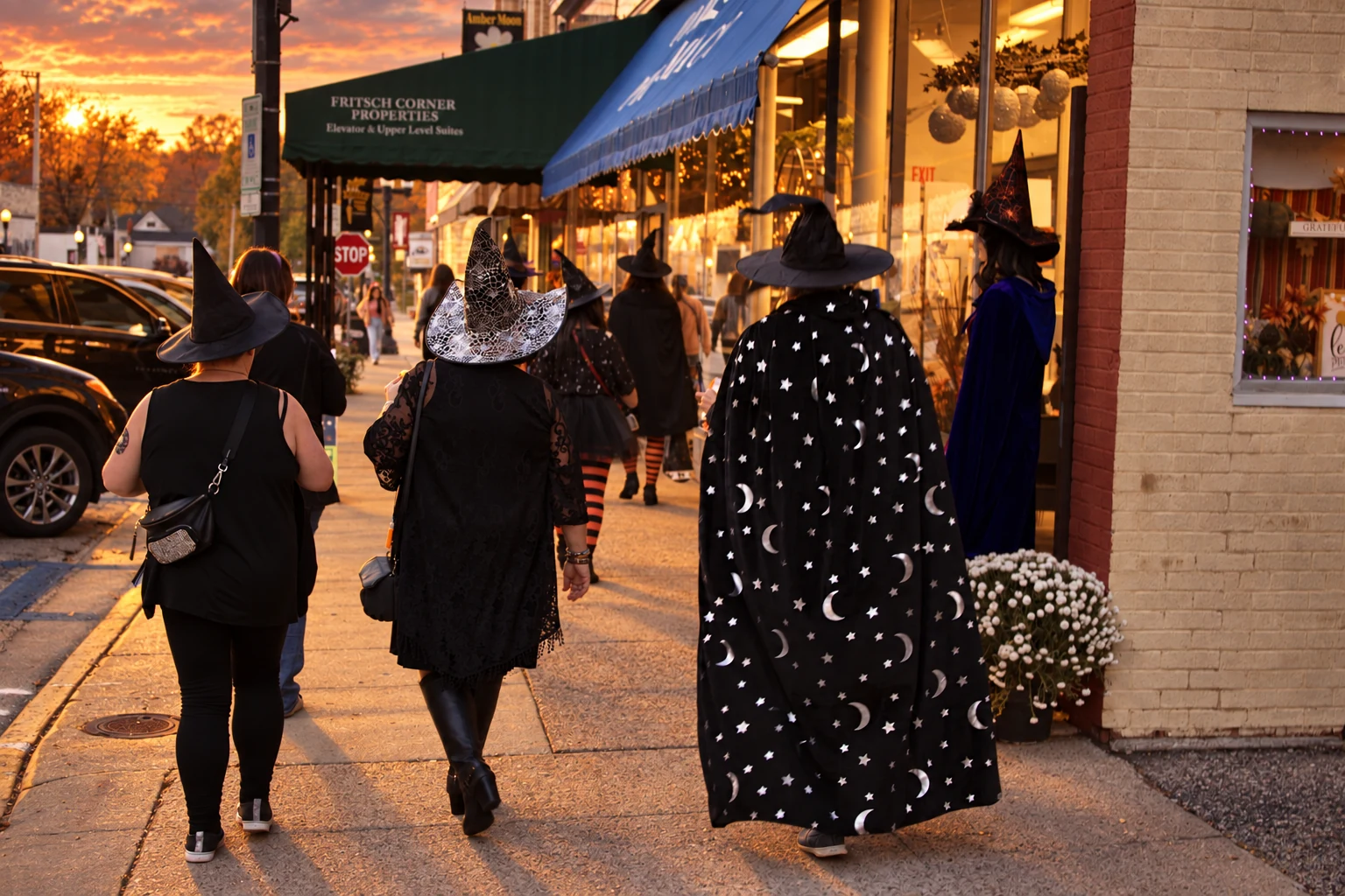 Visitors walking away along the sidewalk, including a cape covered in stars and moons