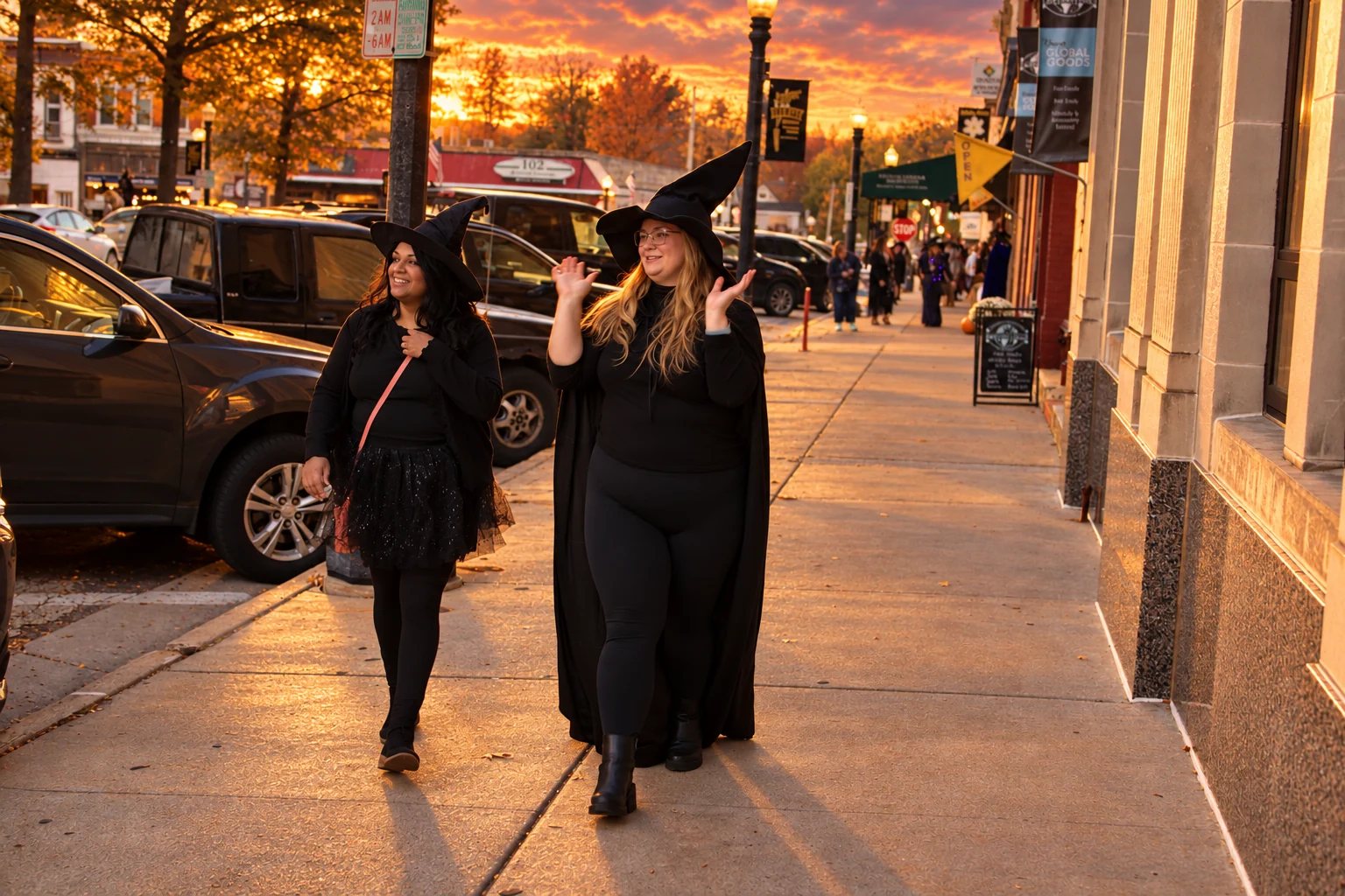 Two friends in black witch costumes walking together past downtown shops