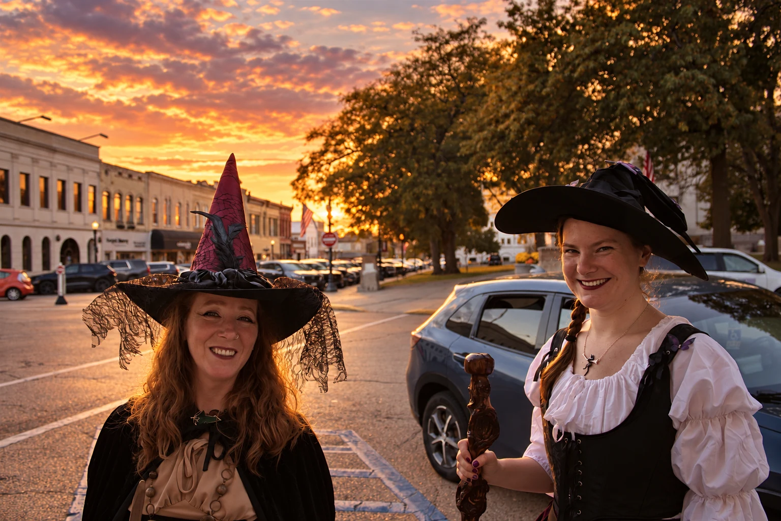 Two smiling visitors in witch hats, one holding a wooden staff
