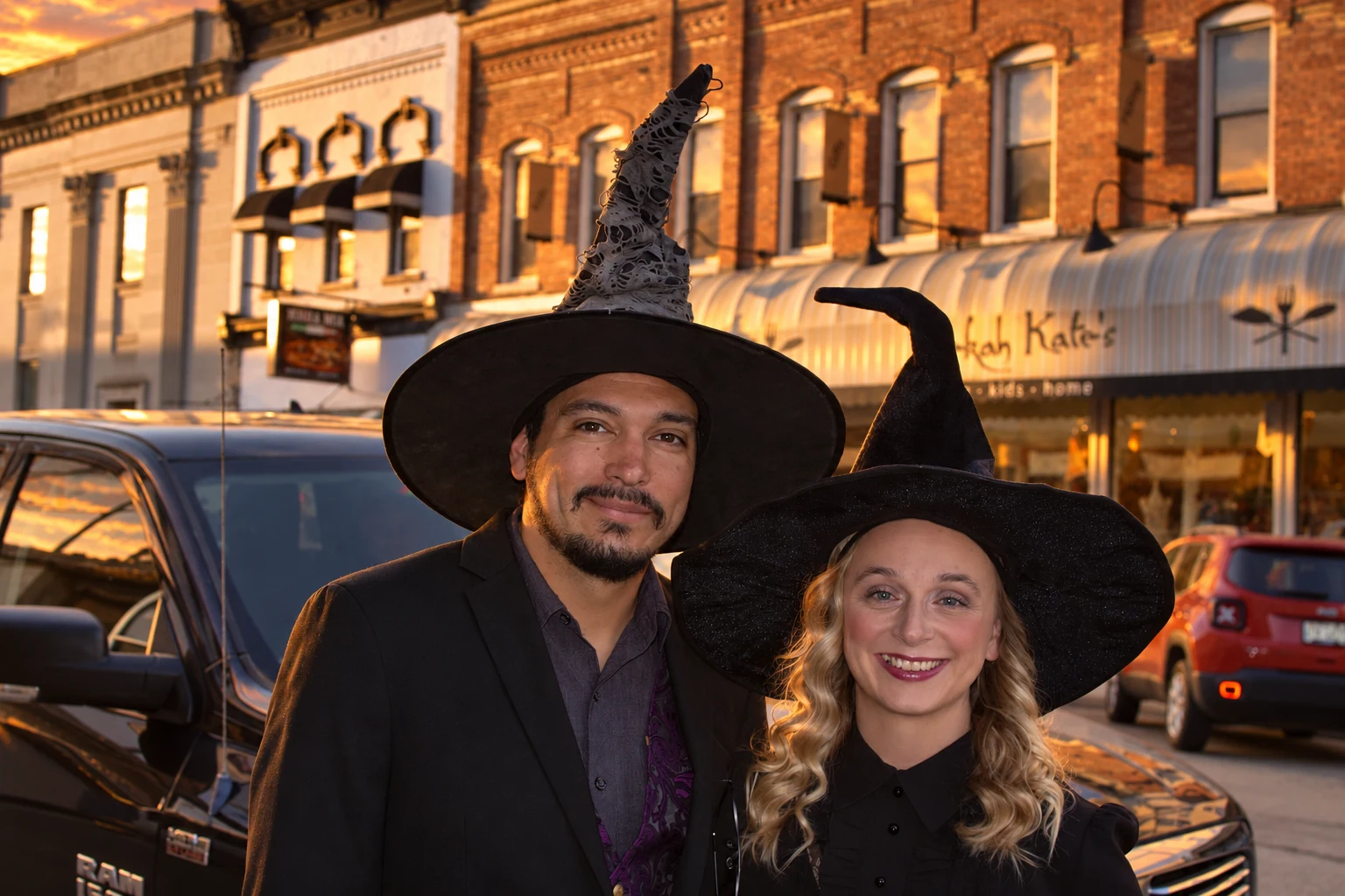 Two smiling visitors wearing black witch hats with downtown storefronts behind them
