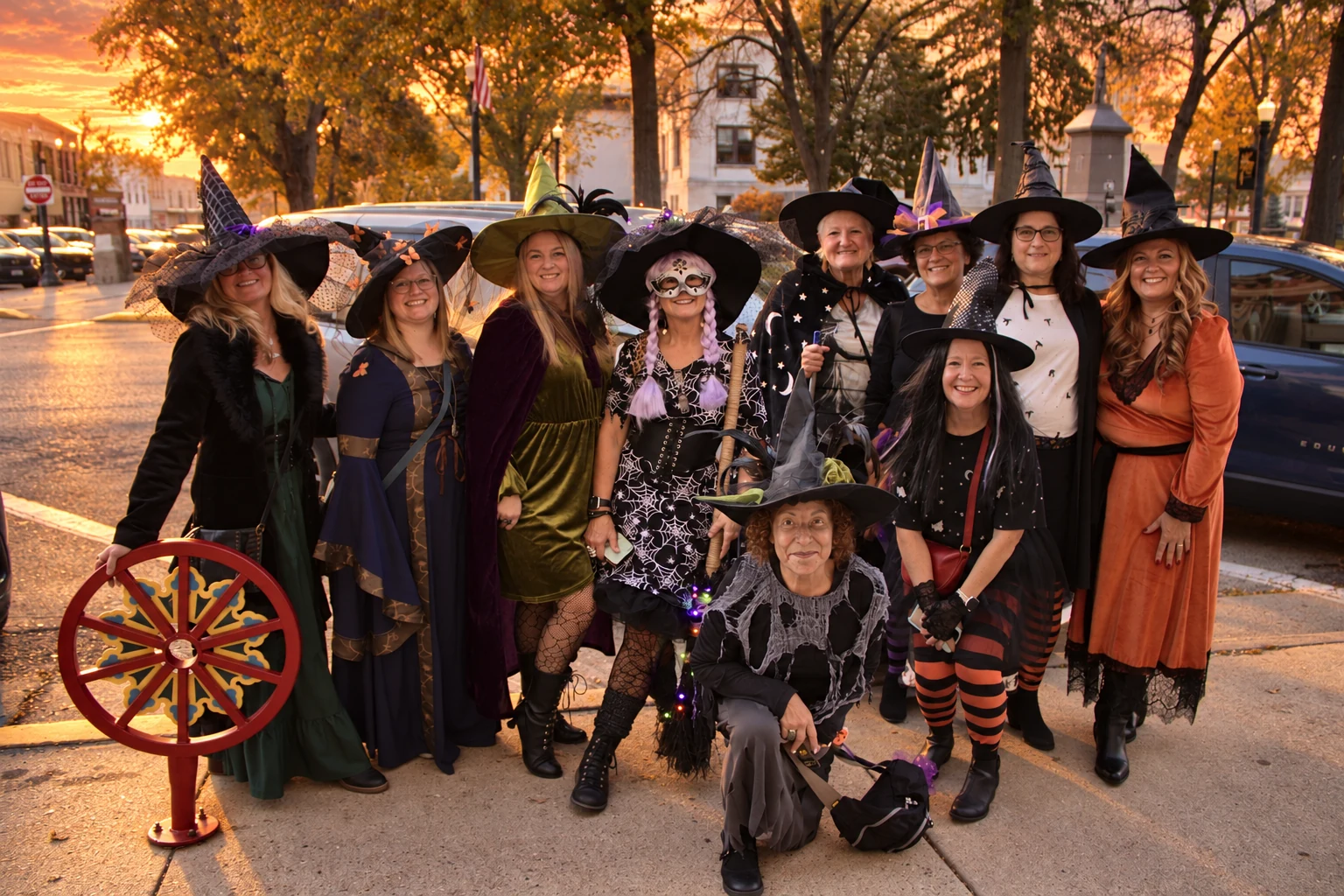 A large group posing in colorful witch costumes with a red decorative wheel