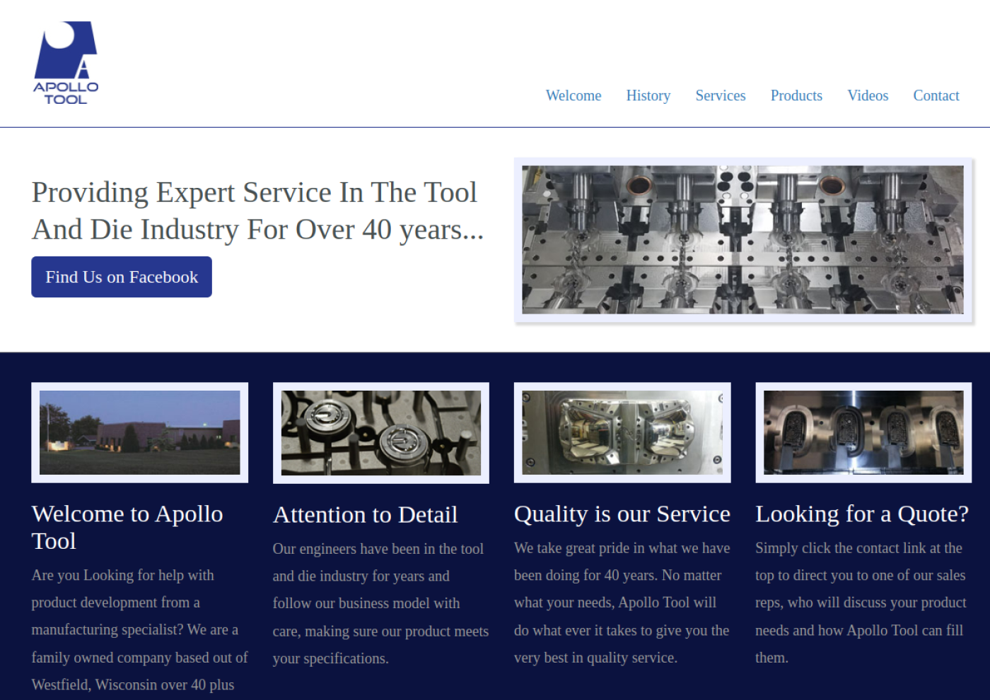Apollo Tool website featuring its Westfield, Wisconsin tool and die services