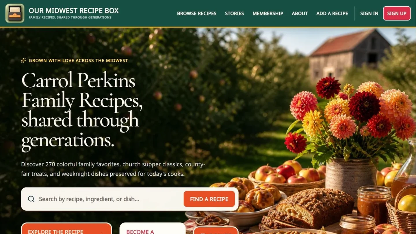 Our Midwest Recipe Box website featuring family recipes, orchard produce, and autumn flowers