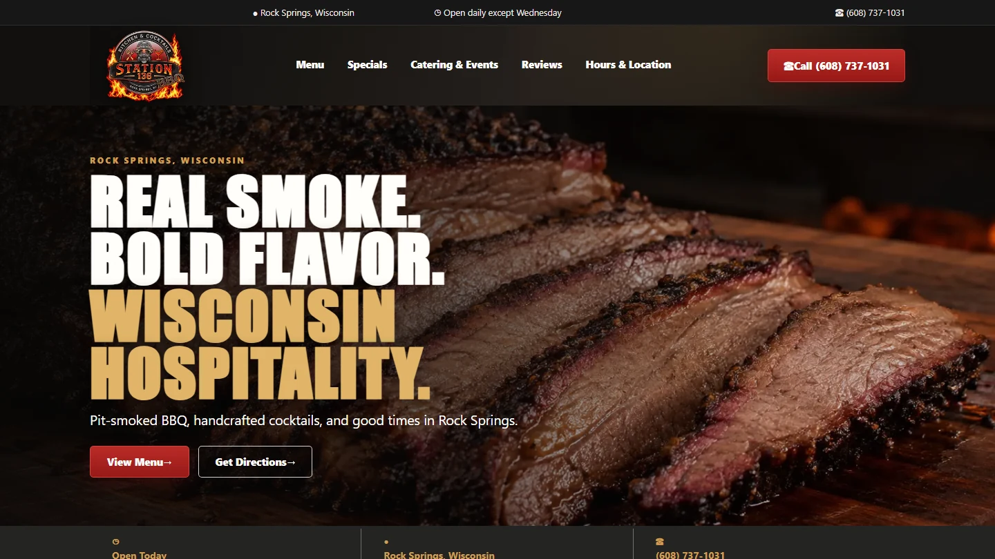 Station 136 restaurant website featuring smoked brisket and bold Wisconsin hospitality messaging
