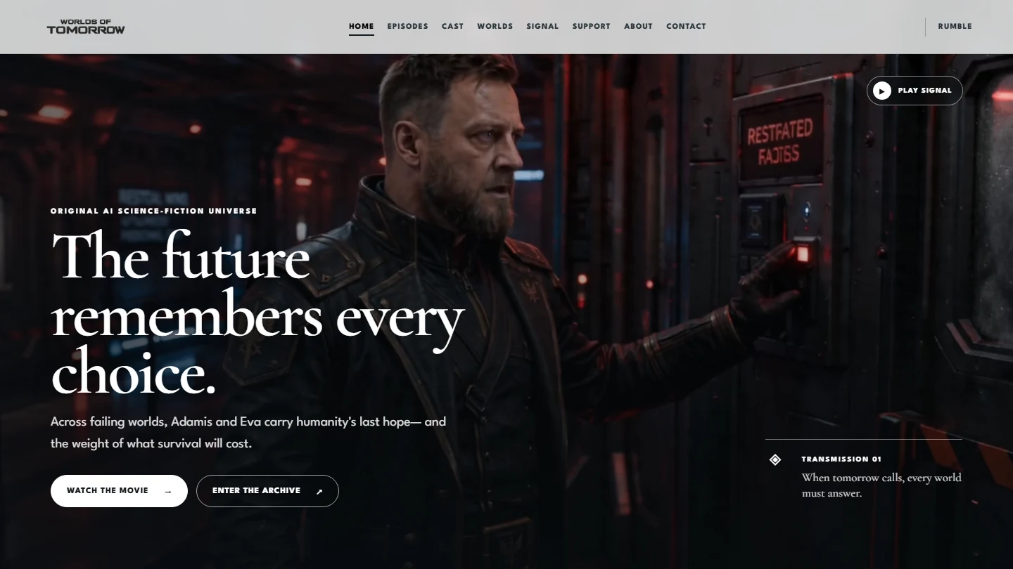 Worlds of Tomorrow cinematic science-fiction website featuring a character aboard a futuristic ship