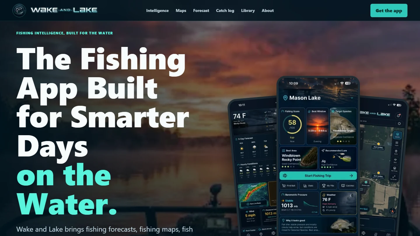 Wake and Lake fishing intelligence website displaying forecasts, maps, and mobile app screens